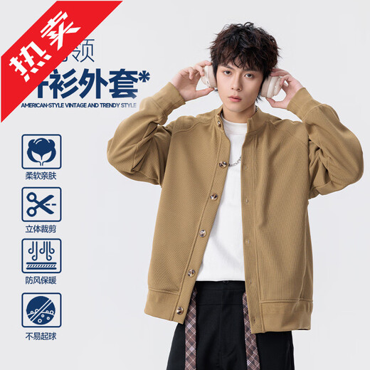 GOLDLION G+ Retro Waffle Cardigan Jacket Men's 2025 Autumn New Japanese Henley Collar Loose Sweatshirt Clip Fashion Black M