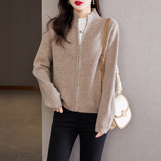 Shexi (Srcr) 100% wool sweater thick knitted wool cardigan for women autumn and winter short casual zipper sweater jacket