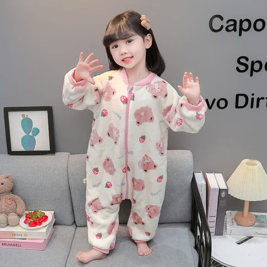 Children's coral velvet one-piece pajamas for autumn and winter girls' flannel sleeping bags for baby girls plus velvet and thickened rompers to keep warm Orange-double layer velvet and thickened 80