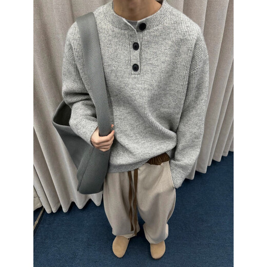 Muwei American retro Henry collar knitted sweater men's autumn cleanfit lazy style high-end woolen jacket Gray XL recommended 125-140Jin Jin equals 0.5 kg