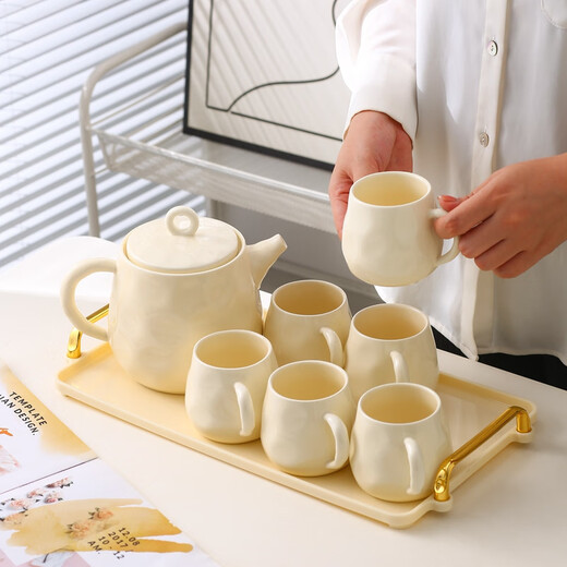 Light luxury household water set with tray, ceramic set, cup, family set, living room teacup, tea set, flower teapot, milky white, 1 pot, 6 cups + tray