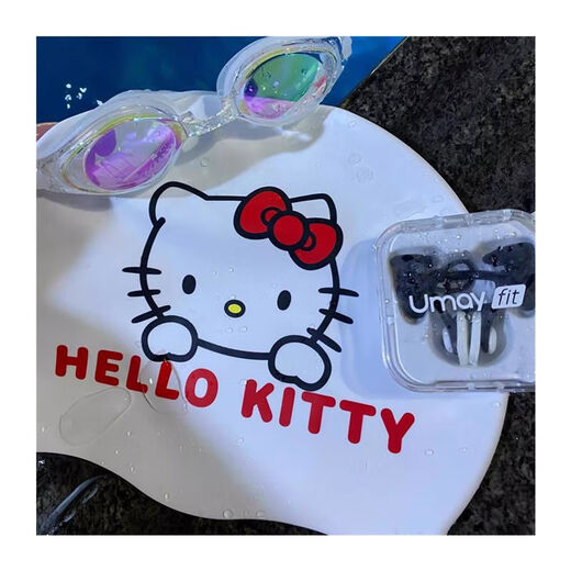 Cute little monster silicone swimming cap for women with long hair, waterproof, oversized, high-elasticity and good-looking swimming cap set, Kuromi swimming cap + white anti-fog swimming goggles + pink nose clip earplugs