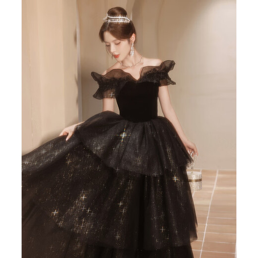 Black one-shoulder evening dress for women, high-end light luxury, niche adult ceremony, tutu skirt, dinner host art test, black 2XL 115Jin Jin is equal to 0.5kg -120Jin Jin is equal to 0.5kg, the card size is large