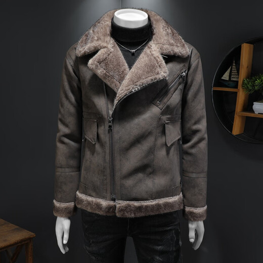 Yu Mengxindi frosted suede leather jacket for men 2025 winter fur integrated trendy plus velvet thickened suede motorcycle jacket heavy industry cotton cocoa color XL 140-160Jin Jin is equal to 0.5 kg
