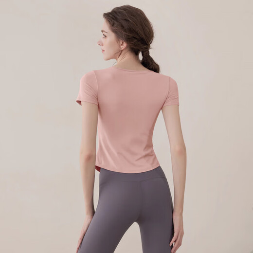 Nude-feeling, skin-friendly spring new style sports fitness Pilates yoga wear with chest pad, short-sleeved top, skin-feeling T-shirt, shell pink short-sleeved XL