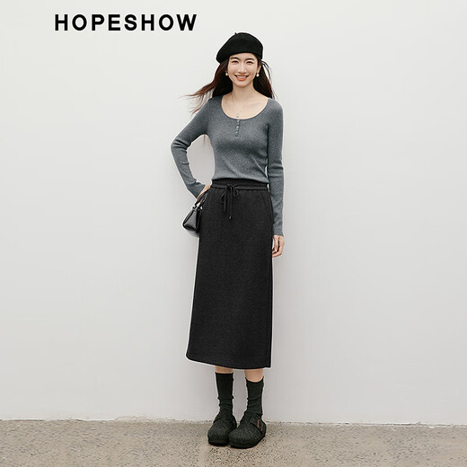 Red sleeves (hopeshow) super good-looking versatile skirt 2025 winter new women's lace-up elastic waist slimming straight temperament mid-length skirt black gray 090 M