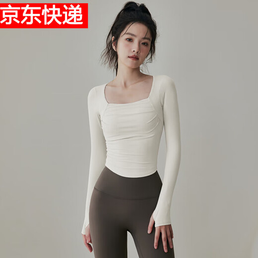 LULULOMDDW high-end yoga wear with chest pads for women long-sleeved sports tops running slim Pilates training autumn and winter fitness clothes milk tea white L recommended 100-115 Jin Jin equals 0.5 kg