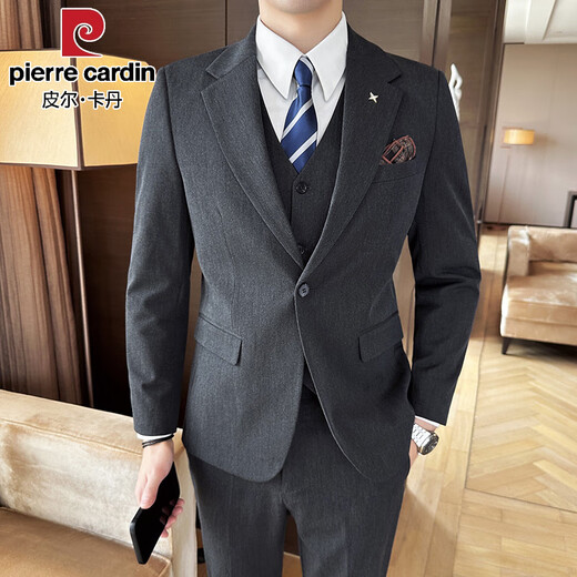 Pierre Cardin suit men's three-piece commuting simple large size drape coat British style business formal groom's dress trend medium gray single piece suit free tie XL