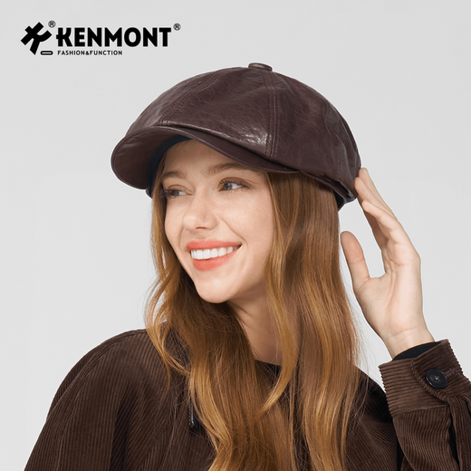 Kenmont British retro genuine leather beret autumn and winter windproof plus velvet warm gentleman forward hat large head circumference dark brown M 58c_ (adjustable)