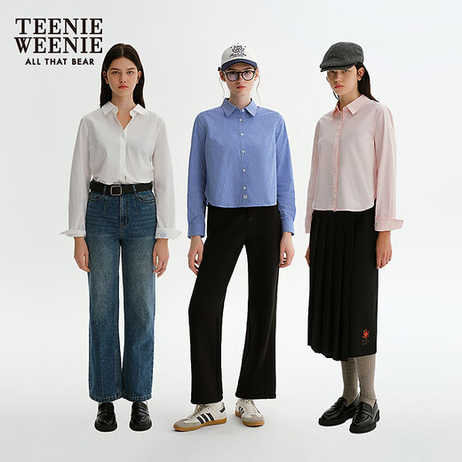 Teenie Weenie Bear Women's Shirt 25th Autumn New Temperament College Style Fashionable Short Shirt Blue S