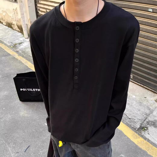 BO+BOXY short wide Henry collar loose bottoming top is soft, comfortable, versatile and figure-flattering, multi-color optional long-sleeved T-shirt, black L