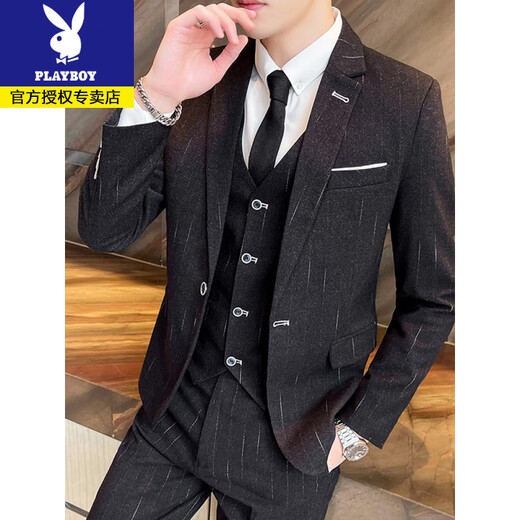 花花公子西服男套装韩版修身新郎伴郎结婚潮流职业暗纹西装三件套正装礼服 A7700黑色 西服+马甲+西裤+送衬衫 领带领结 L (100-125斤) 花花公子西服男套装韩版修身新郎伴郎结婚潮流职业暗纹西装三件套正装礼服 A7700黑色 西服+马甲+西裤+送衬衫 领带领结 L (100-125斤)