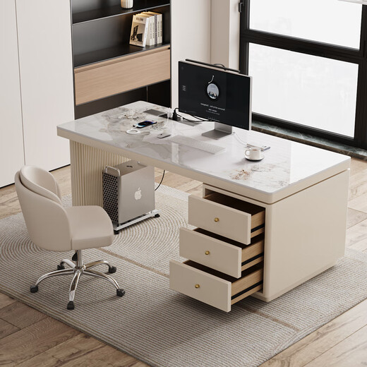 Verdainton Italian light luxury style computer desk bedroom student study table new home slate desk study office writing desk off-white feet + off-white cabinet + Chanel glossy surface 120*60*75 single table with desktop power strip + threading hole + host position