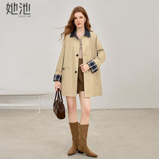 She pool contrasting color lapel single-breasted windbreaker women's 2026 spring new British style mid-length coat