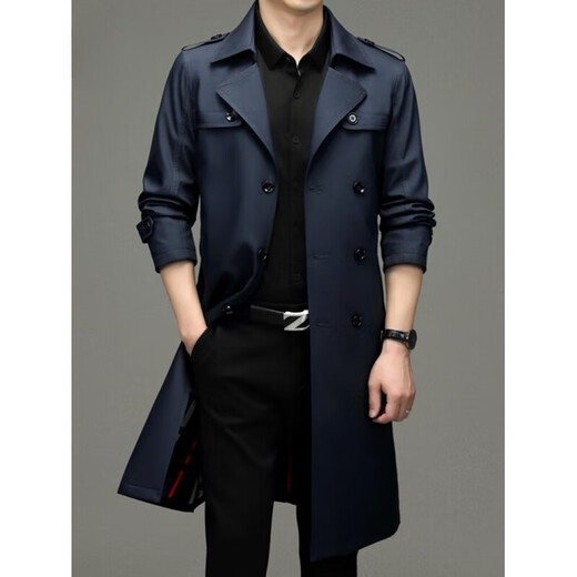 Burwilde International Brand Men's Mid-Length Windbreaker Jacket 2024 Autumn New Business Casual Spring and Autumn Long Style Navy Wool Liner L Recommended 120-140 Jin Jin equals 0.5 kg