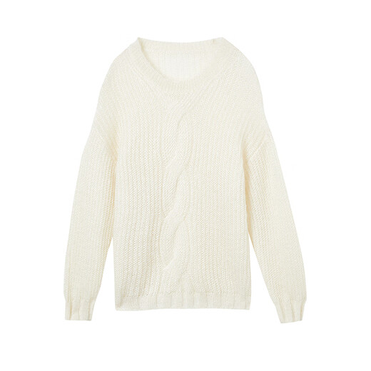 LANCY mohair silk winter new style relaxed cable knit sweater women's round neck off-shoulder sweater off-white XL