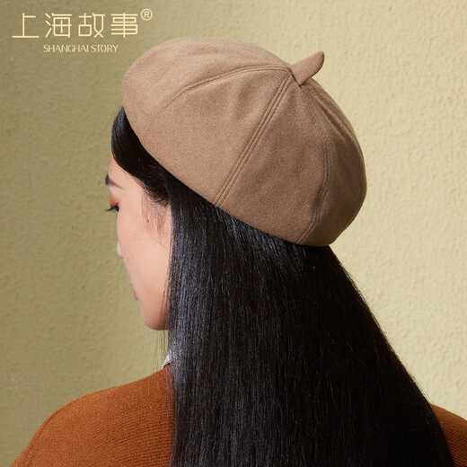 Shanghai Story Women's Hat Autumn and Winter Wool Octagonal Hat Painter Hat Pumpkin Hat Showing Your Face Small Birthday Gift Khaki