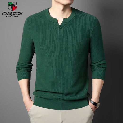 Western Camel (VANCAMEL) high-end pure cotton Henry collar men's sweater thickened autumn and winter new solid color anti-pilling pullover bottoming trendy long-sleeved black 4XL