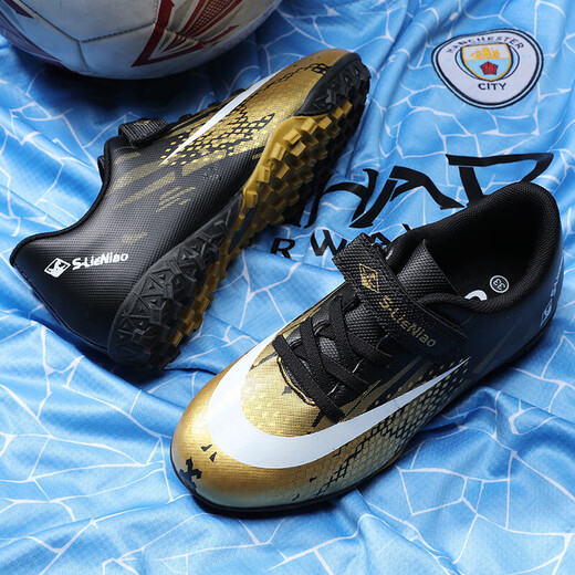 Irving leads the way in lace-free children's football shoes for men and women with broken nails TF artificial grass for teenagers and primary school students with Velcro ratio black gold broken nails 36