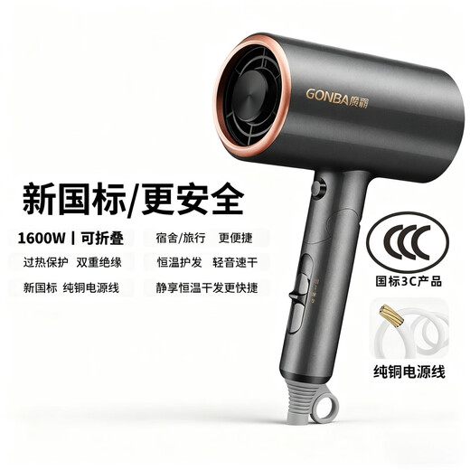 GUANGBA 2025 new technology National standard certified hair dryer household negative ion hair care silent quick-drying high wind low power hair dryer for dormitory students constant temperature does not harm hair quality amber gray new national standard safer 1600W + styling nozzle 2M pure copper power cord