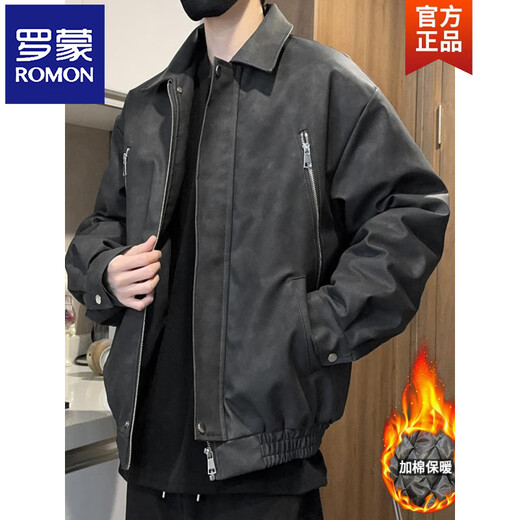 ROMON American retro loose leather jacket for men 2026 spring and autumn PU leather jacket for men and women leather jacket for men matte black (cotton version) M