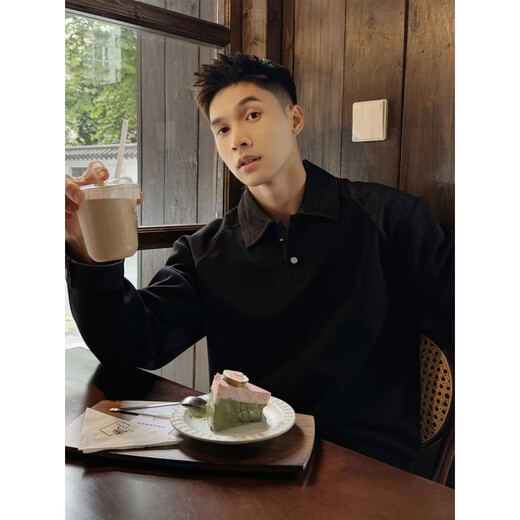 XUANSENTU black American shoulder polo shirt men's autumn handsome Henry collar sweatshirt long-sleeved inner layered shirt trendy black upgraded version 2XL