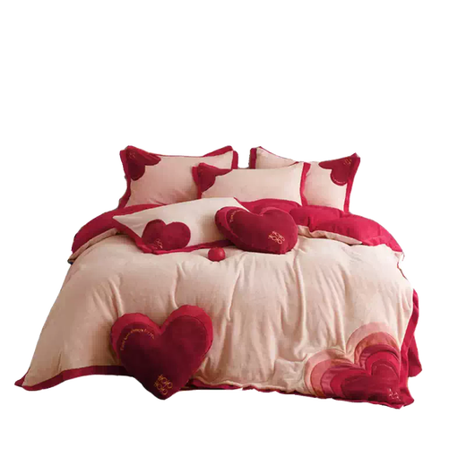 Yusenyi high-end love wedding milk velvet four-piece set wedding pure cotton baby coral velvet quilt cover thickened sheets Heart to Heart YS autumn and winter milk velvet 1.5m bed suitable for 200x230cm quilt core + four-piece set