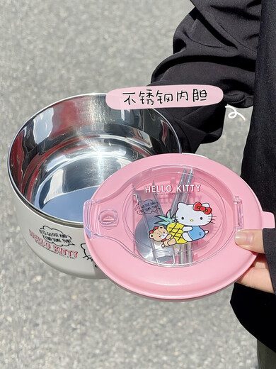 Kachi Muning Hellokitty instant noodle bowl stainless steel double-layer insulated belt lunch box cute lunch box for students and office workers tableware + heat insulation and anti-scalding Hello Kitty 1300ML (free thermal bag)