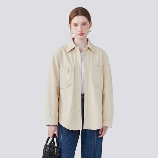 5+ (FivePlus) Lapel Pocket Velvet Long Sleeve Shirt Women's Casual Solid Color Loose Slim Versatile Shirt New Style Apricot S (100Jin Jin is equal to within 0.5kg)