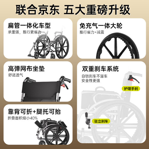 Dihu three-fold manual wheelchair for the elderly, lightweight travel trolley, foldable and portable for the elderly