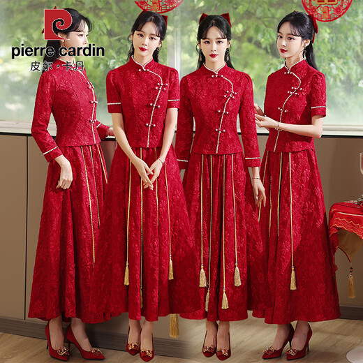 Pierre Cardin Chinese Toast Wear Bride 2025 Autumn and Winter New Engagement Return Wedding Dress Skirt Women's Cheongsam Xiuhe Wedding Dress Burgundy Long Sleeve S Recommended 85-98Jin Jin equals 0.5 kg