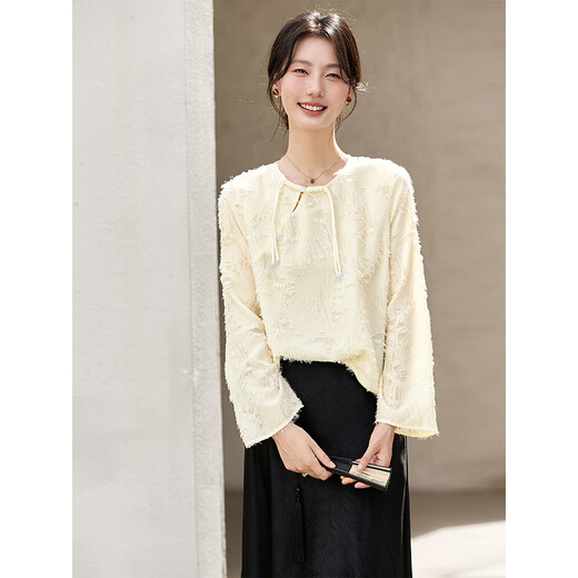 Fanximan new Chinese style chiffon shirt women's new cut flower round neck long-sleeved shirt top apricot M