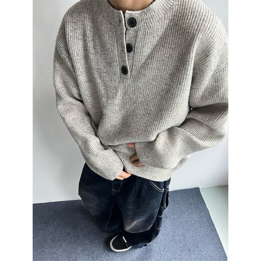 QGF gray American Henry collar sweater men's autumn and winter lazy style high-end knitted sweater cleanfit jacket light gray XL recommended 110-130Jin Jin equals 0.5 kg