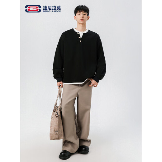 GENIOLAMODE black sweatshirt men's fall fake two-piece contrasting color bottoming shirt Korean style Henry collar top black M