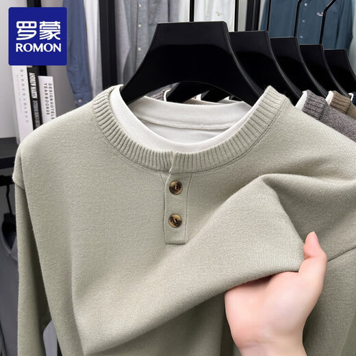 ROMON casual henley collar long-sleeved fake two-piece sweater for men 2025 autumn new fashion versatile crew neck sweater gray one size 48