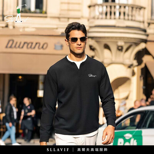 SLLAVIF Henry collar fake two-piece long-sleeved T-shirt men's loose spring waffle casual bottoming shirt black M suitable for 100-125Jin Jin equals 0.5 kg