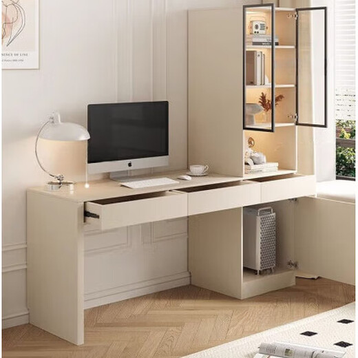 Tingbai desk and bookcase integrated wall-mounted modern cream style writing desk for home small apartment bedroom desk study table warm white all solid wood desk length 100 width 55 height 75