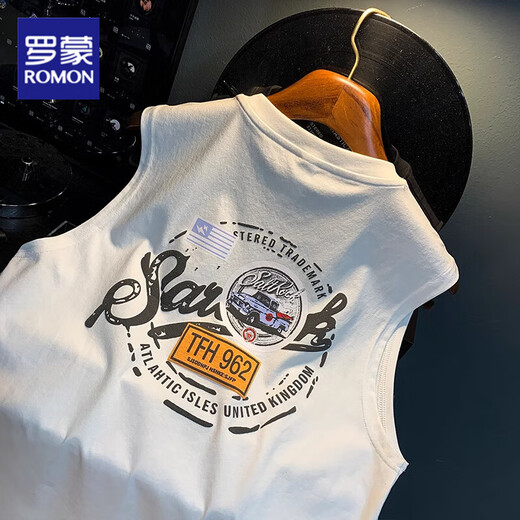 ROMON Loose American Vest Men's 2025 Summer Trendy Printed Sleeveless T-shirt Waistcoat Casual Sports T-shirt Men White HJ9906-1 L