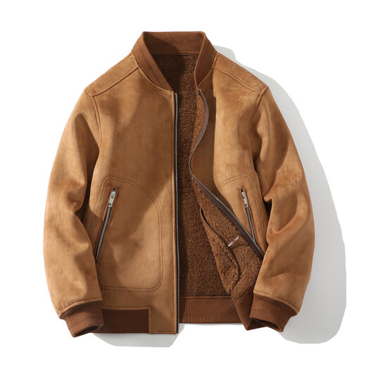 Yu Mengxindi frosted suede leather jacket for men in autumn and winter new suede wool jacket baseball jacket fur all-in-one jacket light brown L recommended 95/125 Jin Jin equals 0.5 kg
