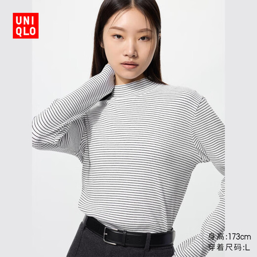 Uniqlo women's ribbed striped turtleneck T-shirt/long sleeve small turtleneck inner wear 481026 00 white S /155/80A