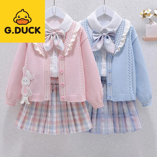 G.duck girls jk suit skirt spring and autumn new style girls college style big children's shirt jacket pleated skirt three-piece set blue three-piece set shirt bunny blue jacket + skirt 130