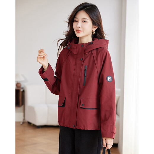 TERRE BLEUE Fashionable Versatile Jacket Women's 2025 Autumn New Age-Reducing Hooded Cardigan Windbreaker Red Velvet XL