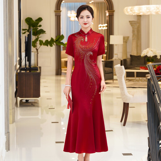 Fumini high-end mother-in-law wedding evening dress dignified and high-end mother-in-law mother-in-law 2026 new dress burgundy L