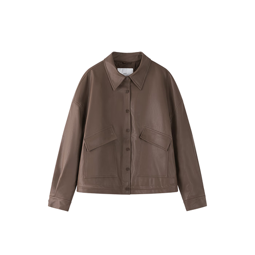 XWI Xinweimeilad matte quilted leather jacket for women in autumn, loose and not bulky, warm and windproof shirt style jacket, dark brown M