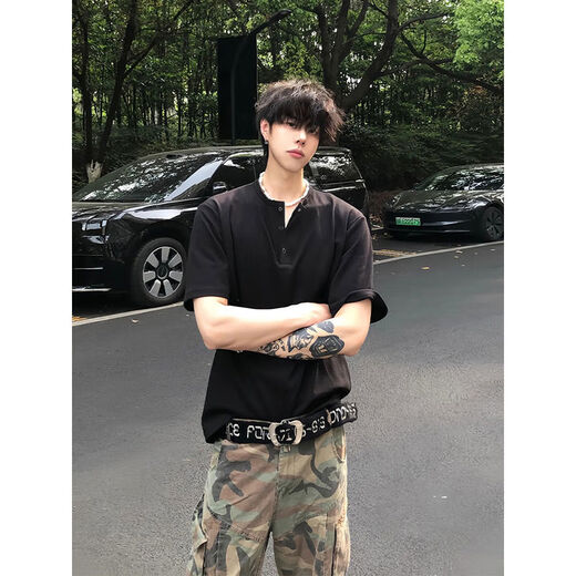 Black waffle henley collar short-sleeved men's handsome T-shirt American polo shirt cleanfit bottoming shirt floral gray upgraded model M M recommended 105-120Jin Jin equals 0.5 kg