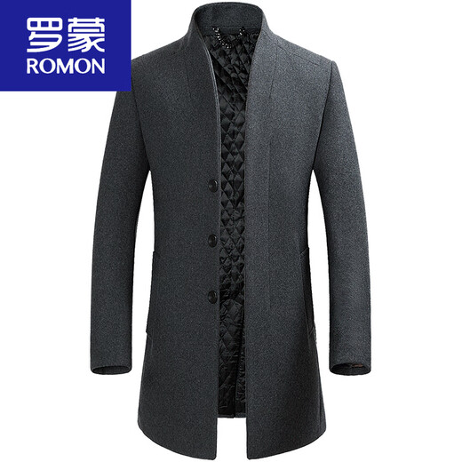 ROMON cashmere coat men's slim winter cotton thickened middle-aged men's stand collar mid-length woolen coat new product gray quilted autumn and winter 5XL 200