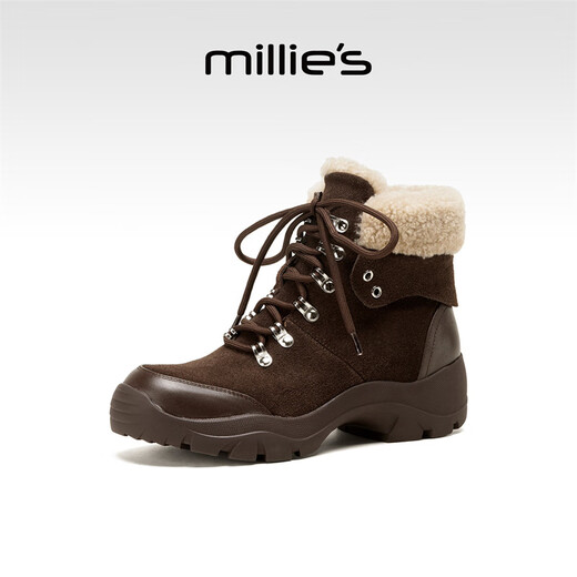 Millies genuine leather fashion plus velvet warm Martin boots for women, versatile lace-up high-top casual shoes, short boots for women, brown 37