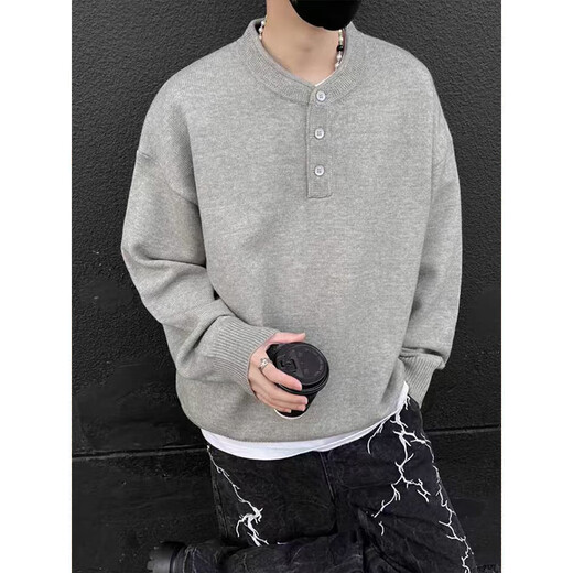 Jingsa American retro Henry collar sweater men's winter lazy style knitted bottoming shirt cleanfit warm inner top light gray XL