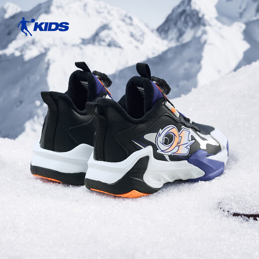 Jordan boys' velvet basketball shoes children's cotton shoes winter leather sports shoes black/misty blue 32