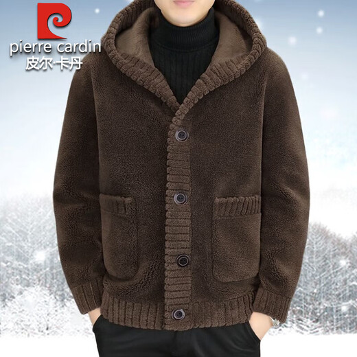 Pierre Cardin sherpa jacket men's autumn and winter new style plus velvet thickened wool warm hooded jacket coat men's coat plus plush lining plus wool gray 2XL recommended 130-145Jin Jin equals 0.5 kg